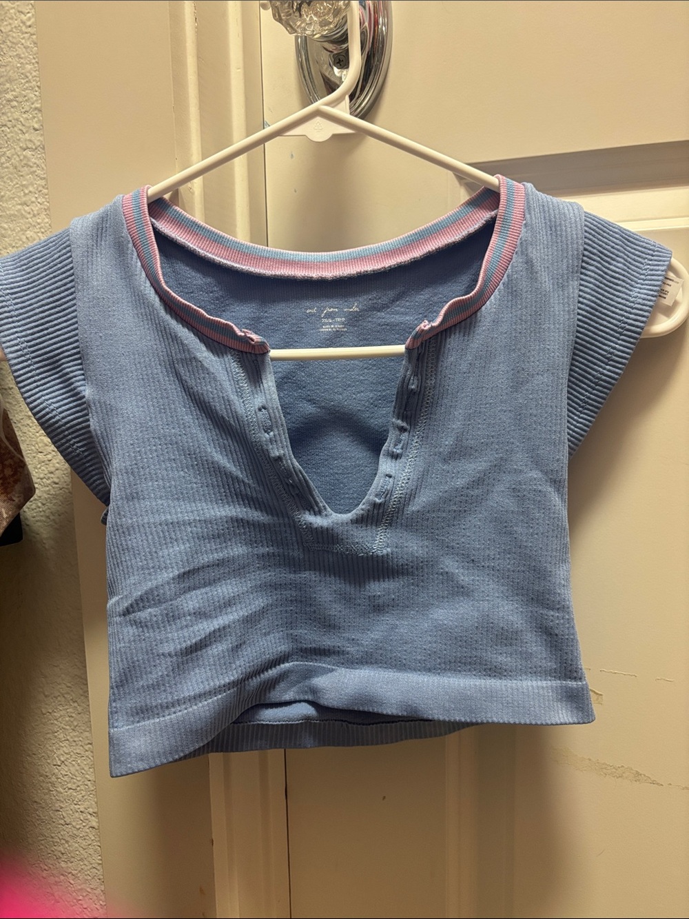 Urban Outfitters Light Blue Ribbed Crop Top with Pink Trim